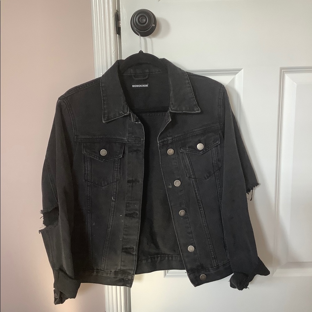 Momokrom Black Denim Jacket with Elbow Cutouts